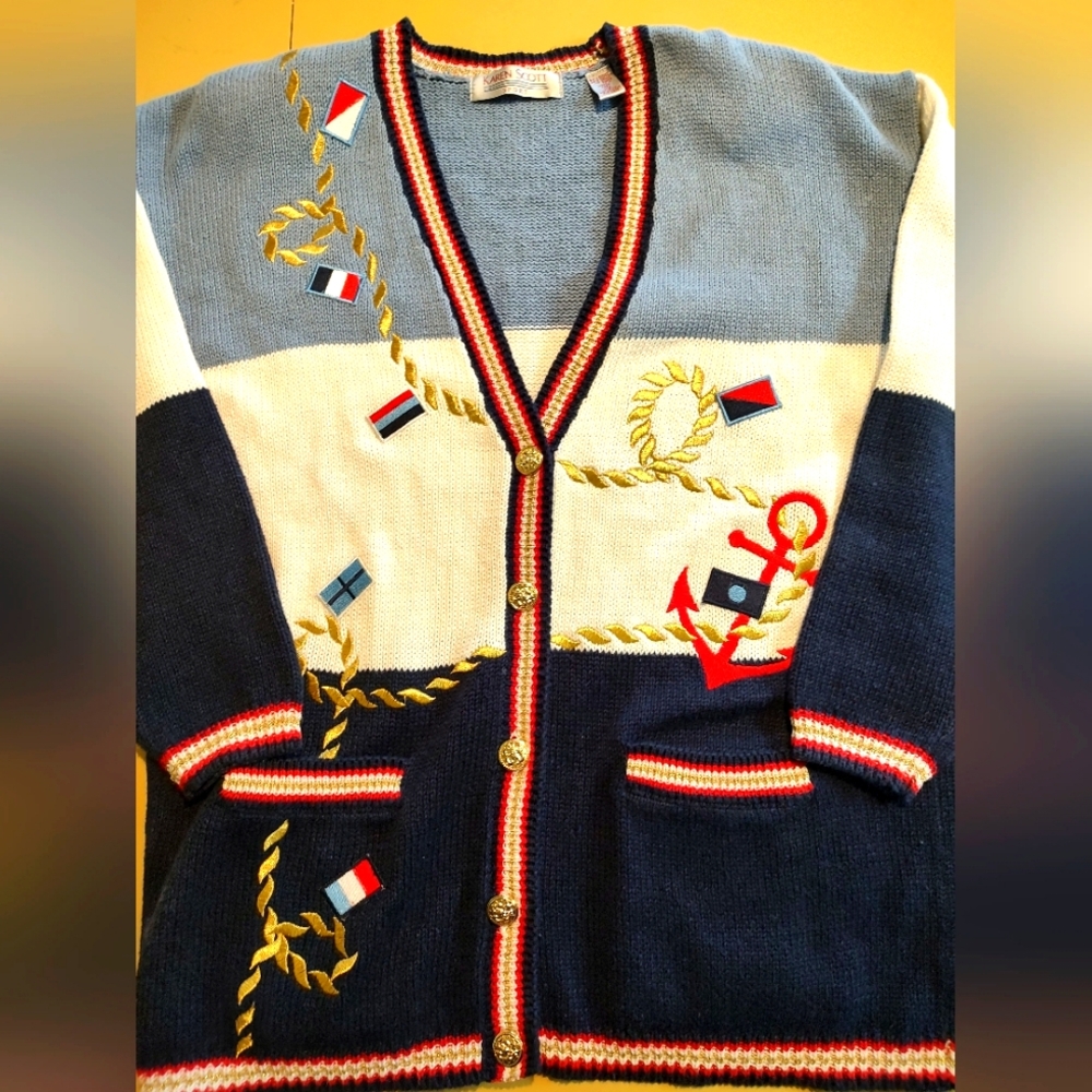 Karen Scott Nautical Cardigan - Blue, White, Red